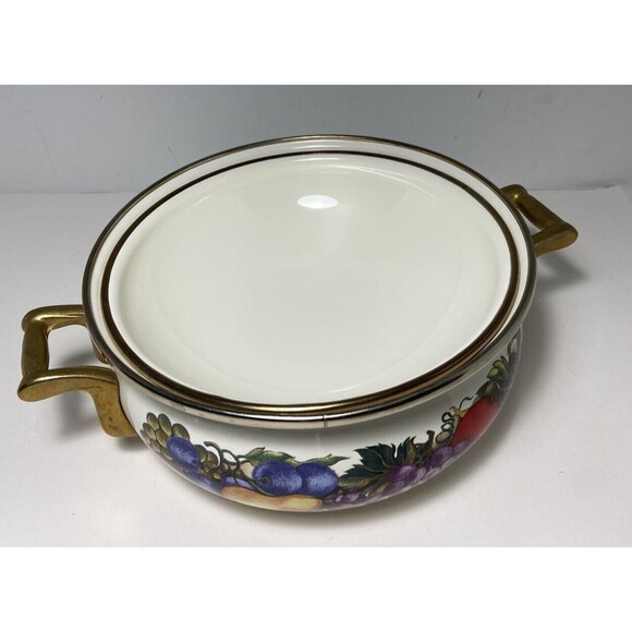 Vintage Lincoware Enamel Casserole Dish Cornucopia Fruit Brass Handles 8 inch - Picture 6 of 6